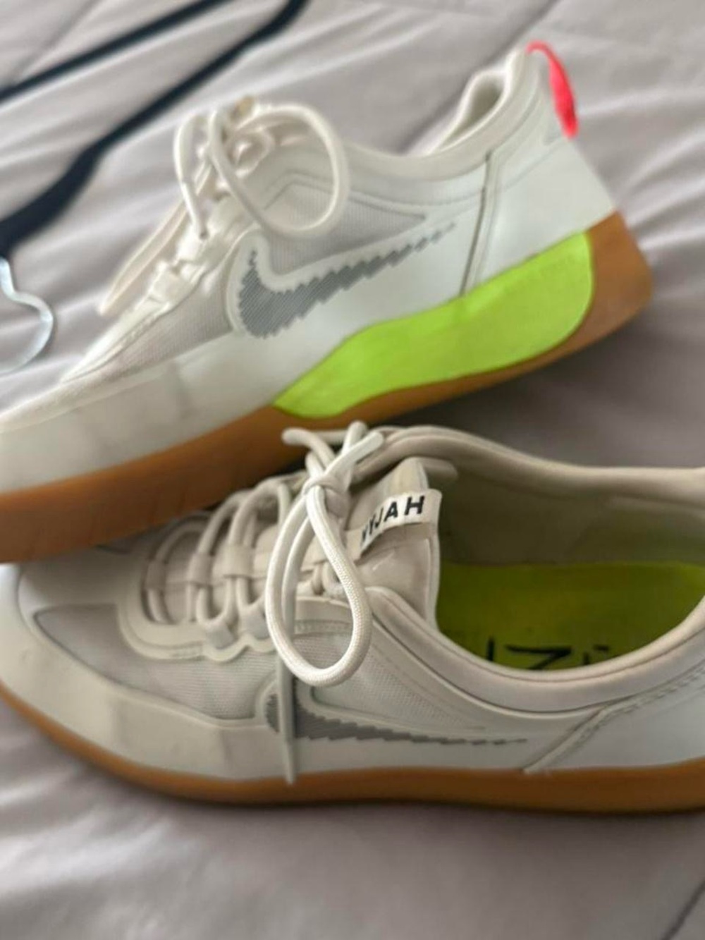Nike White Sneakers with Neon Lime Accent and Gum Sole